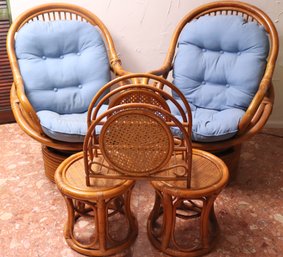 1970s Vintage Paul Frankl Style Bamboo Rattan Swivel Chairs, 2 Stools And Magazine  Holder.