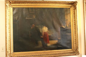 Signed Henrdick Goovaerts 1888 Large Painting Of Father And Daughter In Very Elaborate Frame