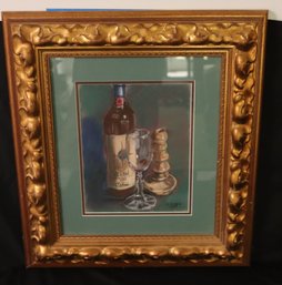 Chalk Pastel Artwork Of Wine With Glass And Candle Holder In Giltwood Frame.