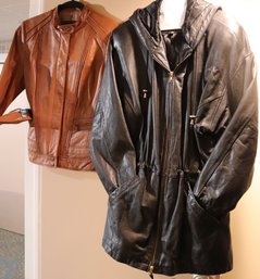 Cole Hahn Short Leather Jacket XS And Black Leather Quilted Car Coat, M