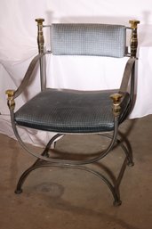 Vintage Savonarola Style Brass And Steel Armchair With Blue Velvet Upholstery.