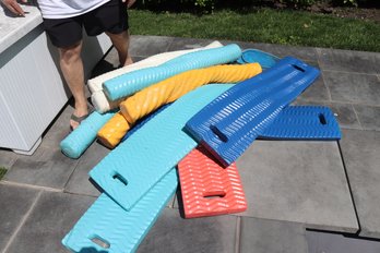 Assortment Of Quality Frontgate Floats And Noodles Plus 3 Skimmer Nets, Five Planks, Six Noodles Number.