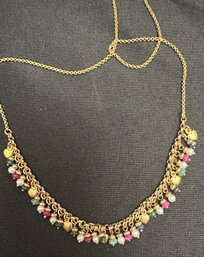 14K YG 16.5 Inch Necklace With Colorful Semi Precious Stones And Gold Hearts-Italy