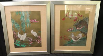 Two Japanese Inspired Drawings Of Birds On Gold Paper