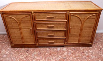 Vintage Rattan Cabinet With Doors And Drawers.