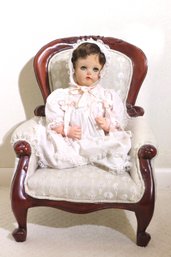 Vintage Baby Doll Labeled PTN Doll Approx. 18- Inches And Custom Upholstered Carved Wood Doll Chair