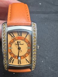 Lucien Piccard Stainless Steel Ladies Quartz Watch With Datejust And Orange/rust Leather  Strap
