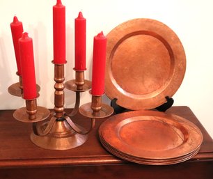 Collection 8 Vintage Copper Plates & Candle Holder