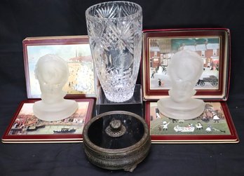 Decorative Items Include Art Deco Childs Face Bookends, Glass Candy Dish, Vase, Etc.