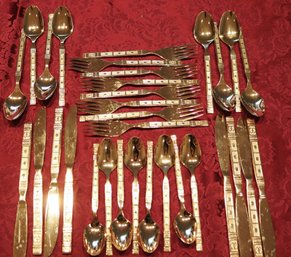 Midcentury Modern Style, Geometric Patterned Gold Flatware By Lifetime Cutlery.