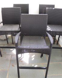 5 Ratana Woven Barstools, Stackable, Sturdy Condition With Metal Foot Rests
