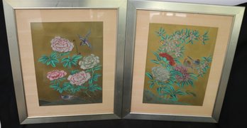 Two Japanese Inspired Drawings Of Flowers On Gold Paper