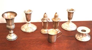 Assorted Sterling Collection Includes Crown Sterling S&P Set, Weighted Candlesticks, Engraved Sterling Kid