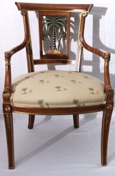 Regency Style Wooden Accent Chair With Carved Palm Tree Back Panel.