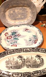 Lot Of Antique Serving Platters With Victorian Castles And Floral Motif