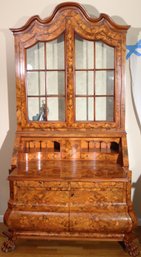 Gorgeous Tall Inlaid Burlwood Secretary Desk With Glass Front Display Cabinet, Hand Made In Italy