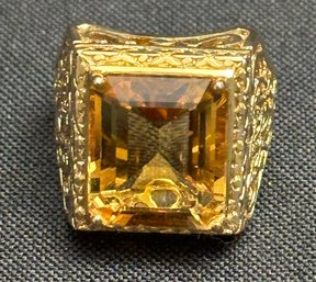 14K YG Exquisite Emerald Cut Citrine Ring With Very Detailed Shoulders-Size 8