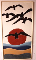 Super 70s Puffy Fabric Wall Art Of Birds And Sunset.