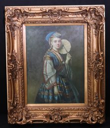 Antique Style Portrait Of Young Woman In Traditional Costume With Fan Highlighted By A Baroque Gold Frame.