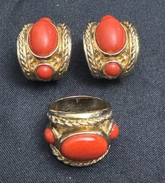 14K YG Fancy Coral Ring-size 7.5 Plus Pair Of Matching Coral Earrings
