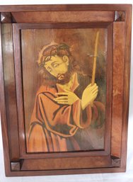 Mid- Century Inlaid Woodwork Wall Art Of Christ Dressed In Robes And Crown Of Thorns.