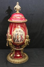 Magnificent Bronze Mounted Burgundy Limoges Design Style Urn With Bronze Caryatids, And 3 Beautiful Women.