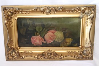 Oil On Canvas Of Pink & White Roses In Gold Frame.