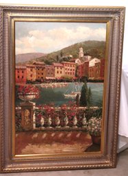 Italian Fishing Village Painting On Canvas With Wide Gold Frame Signed By The Artist.