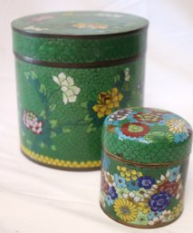Two Antique Cloisonne Lidded Jars With Floral Designs On Green Background.