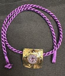 18K  YG Waffled Design Pendant With Amethyst Center Stones-On 17 Inch Purple Rope-signed Goffri
