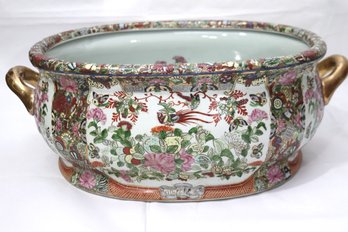 Large Vintage Rose Medallion Hand Painted Foot Bath With Golden Handles And Stamp On The Bottom