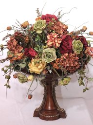 Elaborate Silk Flower Centerpiece In Large Wood Tone Planter With An Overflowing Abundance
