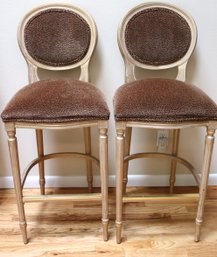 Pair Of Contemporary Bar Stools With Gilded Wood Frame And Velvet Leopard Style Upholstery.