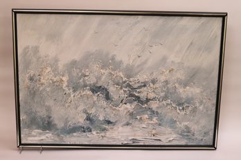 Vintage Textured Painting Of Foaming Ocean Waves With Birds Overhead Signed F. Ng