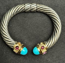14K YG/925 David Yurman Hinged Cable Bracelet With Turquoise Cabuchon Finials And Amethyst Accent Stones