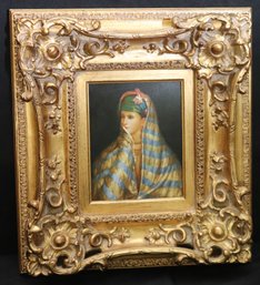 Lovely Young Persian Woman With Silk Shawl Oil Painting On Board, In A Baroque Style Gilded Frame.