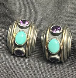 14K YG/925 David Yurman Pair Of Earrings With Turquoise And Amethyst