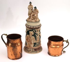 Tall Vintage German Beer Stein 1127 With Lid Includes Handmade Copper Mug & Pitcher