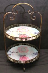 Art Nouveau Style 2 Tier Brass Pastry Holder With Painted Lotus Flowers And Pierced Gallery.