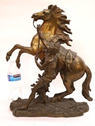 19th Century Bronze Statue Of Young Man Taming Wild Stallion After The Horse Of Marly
