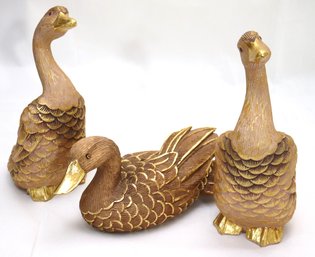 Set Of 3 Cute Little Carved Wood Ducks Painted With Highlighted Gold Accents