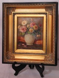 Impressionist Style Floral, Still Life, Painting On Canvas In Shiny Gold And Black Frame.