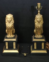 Pair Of Gilded Resin Lions On Black Bases -1 As A Lamp.