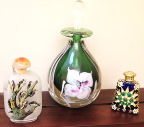 Collection Of Decorative Perfume Bottles Including Larger Green Signed Bottle W Swirl Accent And Cobalt Blue