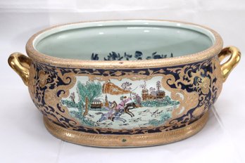 Large Vintage Hand Painted Asian Style Foot Bath With Hunting Scenes And Blue Floral Pattern On The Inside