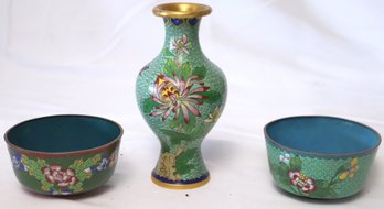 Small Cloisonne Vase And 2 Small Cloisonne Bowls With Blue Enamel Interior.
