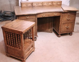 Partners Desk With Light Wood Distressed Plank Top, Brass Rope Look Handles, And Side Cabinet.