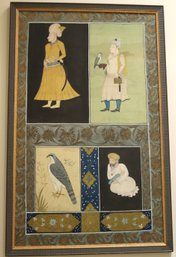 A Large Hand Painted Mughal Scene On Cotton Fabric In A Custom- Made Frame.