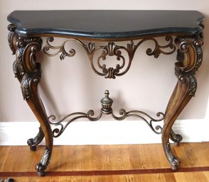 Neoclassical Iron Scroll Carved Wood Hallway Console Table With A Marble Veneer Top