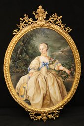 Signed, Hand Painted Portrait Of A French Rococo Noblewoman, In Oval Bronze Frame. With KPM Insignia.